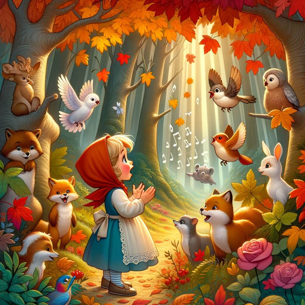 Une illustration destinée aux enfants représentant une petite fille curieuse, émerveillée par l'automne, découvrant un monde enchanté peuplé d'animaux parlants, dans une forêt aux arbres majestueux ornés de feuilles rouges, oranges et dorées.