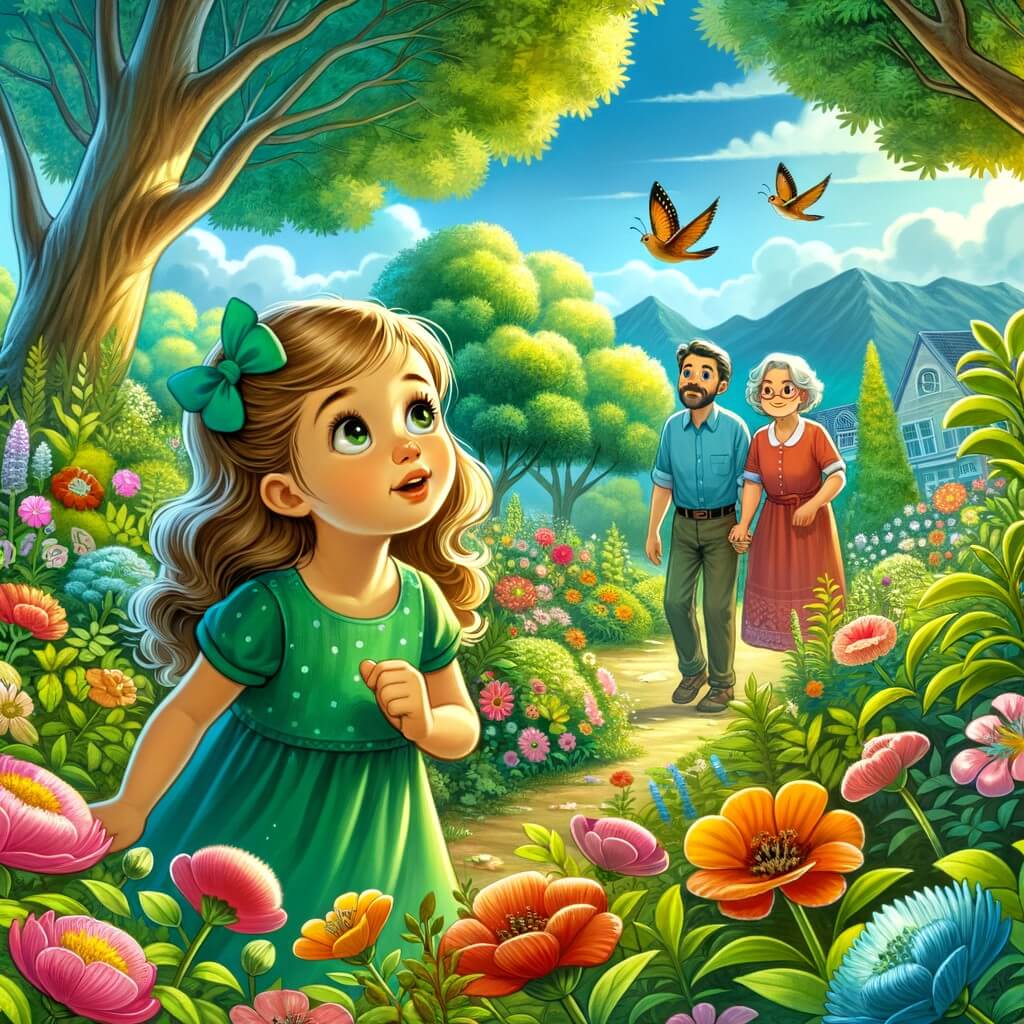 Une illustration destinée aux enfants représentant une petite fille curieuse et imaginative, accompagnée de ses parents, explorant un jardin luxuriant rempli de fleurs colorées et d'arbres majestueux, tandis que des oiseaux chantent joyeusement dans le ciel bleu, dans le cadre d'une histoire sur le changement climatique.