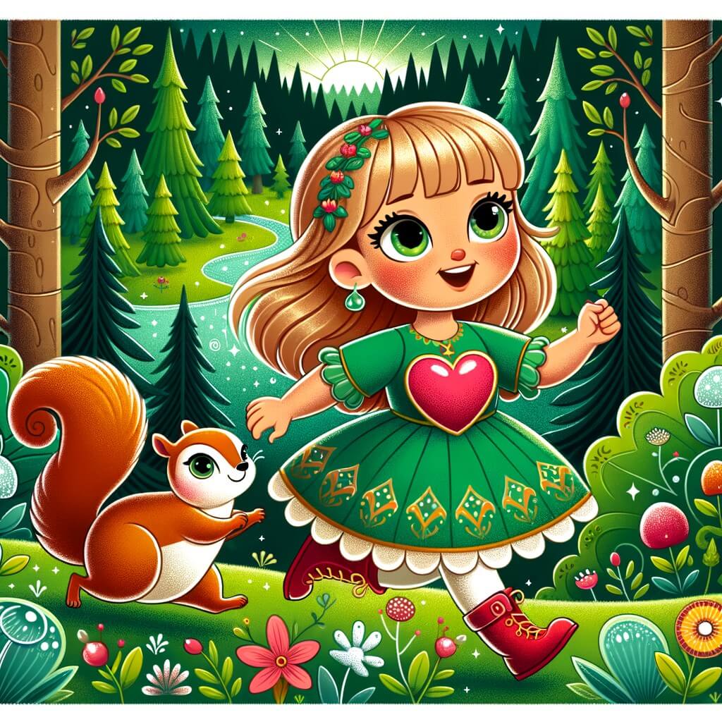 Une illustration destinée aux enfants représentant une petite fille au cœur vibrant, avec une jambe plus courte que l'autre, qui entreprend un voyage courageux à travers une forêt enchantée, accompagnée d'un écureuil malicieux, dans un paysage verdoyant parsemé de fleurs chatoyantes et de créatures mystiques.