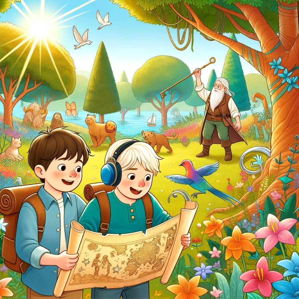 Une illustration destinée aux enfants représentant un petit garçon courageux et curieux, accompagné d'une amie qui a une différence auditive, découvrant une vieille carte au trésor dans un parc ensoleillé, déclenchant ainsi une aventure magique à travers une forêt enchantée remplie de fleurs vibrantes, d'arbres majestueux et de créatures magiques.