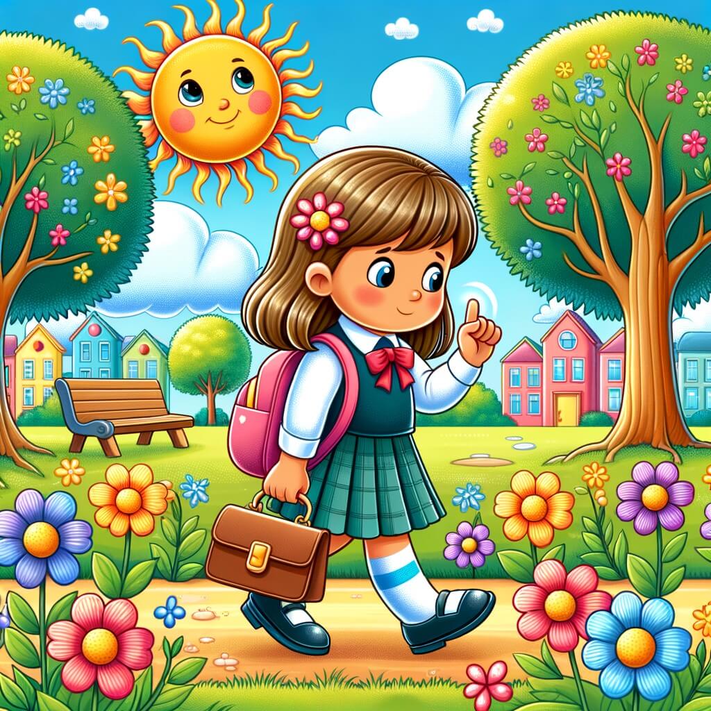 Une illustration destinée aux enfants représentant une petite fille courageuse, confrontée au harcèlement à l'école, trouvant du réconfort auprès d'un ami imaginaire, dans une cour d'école colorée et ensoleillée, entourée de fleurs et d'arbres joyeux.