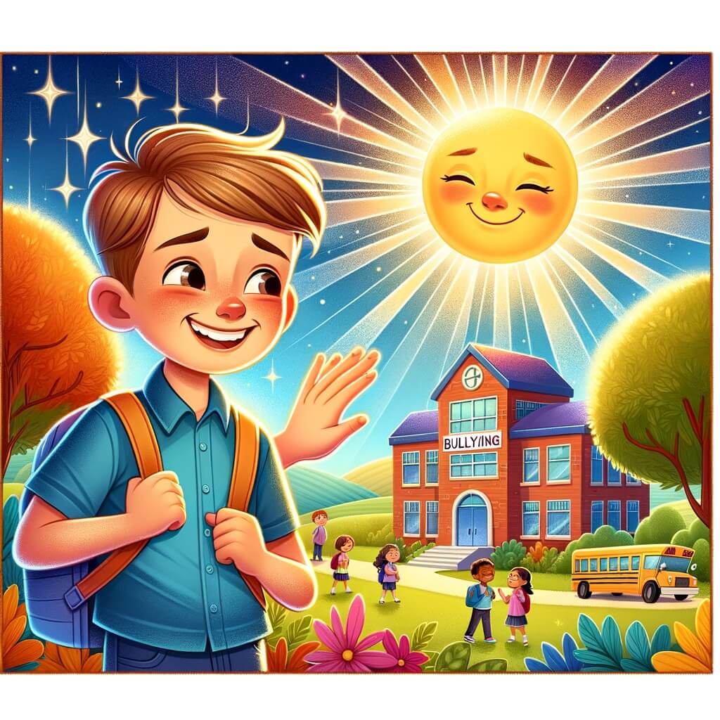 Une illustration destinée aux enfants représentant un petit garçon au sourire radieux, confronté au harcèlement à l'école, trouvant le courage de se défendre avec l'aide d'un nouvel ami, dans une école colorée entourée de joyeux arbres et d'un grand soleil étincelant.