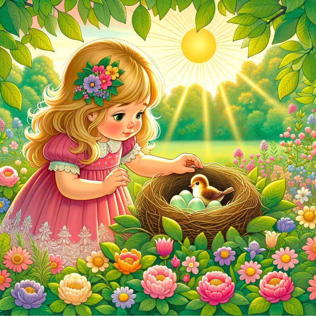 Une illustration destinée aux enfants représentant une petite fille aux cheveux dorés, vêtue d'une robe rose, découvrant un nid d'oiseau avec des œufs dans un parterre de fleurs multicolores, dans un parc verdoyant baigné par les rayons dorés du soleil printanier.