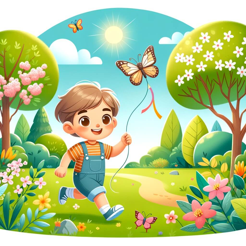 Une illustration destinée aux enfants représentant un petit garçon, accompagné d'un papillon, dans un parc luxuriant et fleuri, où il cherche à retrouver son cerf-volant perdu lors d'une journée ensoleillée de printemps.