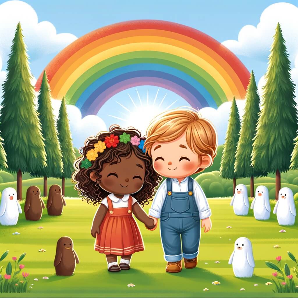 Une illustration destinée aux enfants représentant une petite fille aux boucles brunes, confrontée au racisme, accompagnée d'un nouvel ami, dans un parc verdoyant entouré de grands arbres et d'un magnifique arc-en-ciel.