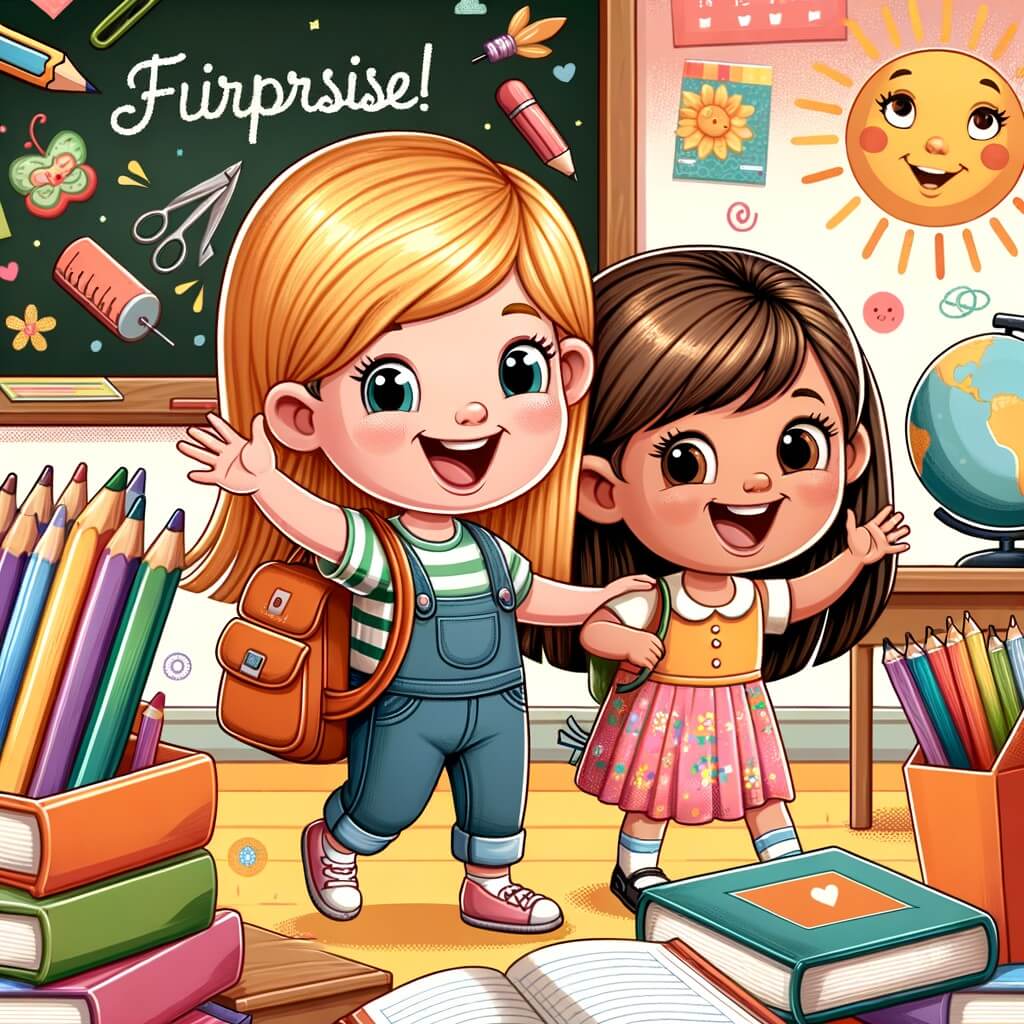 Une illustration destinée aux enfants représentant une petite fille joyeuse, accompagnée d'une nouvelle amie, dans une classe colorée remplie de livres, de crayons et d'un tableau noir, où elles découvrent l'amitié et l'aventure lors d'une année scolaire pleine de surprises.