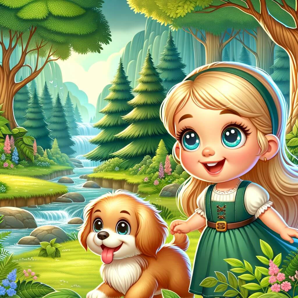 Une illustration destinée aux enfants représentant une petite fille aux joues rosées, les yeux pétillants d'excitation, qui explore une forêt enchantée accompagnée d'un adorable chiot aux poils dorés, dans un décor luxuriant de collines verdoyantes, de ruisseaux babillants et d'arbres majestueux.