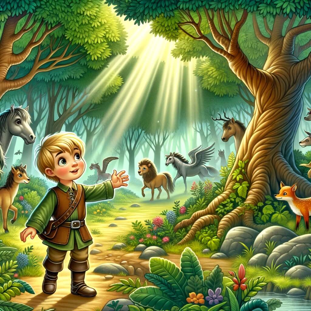 Une illustration destinée aux enfants représentant un petit garçon curieux et plein d'imagination, se retrouvant au cœur d'une forêt enchantée où il rencontre des animaux extraordinaires, dans un paysage luxuriant avec des arbres majestueux, des rayons de soleil filtrant à travers les feuilles et une atmosphère empreinte de mystère.