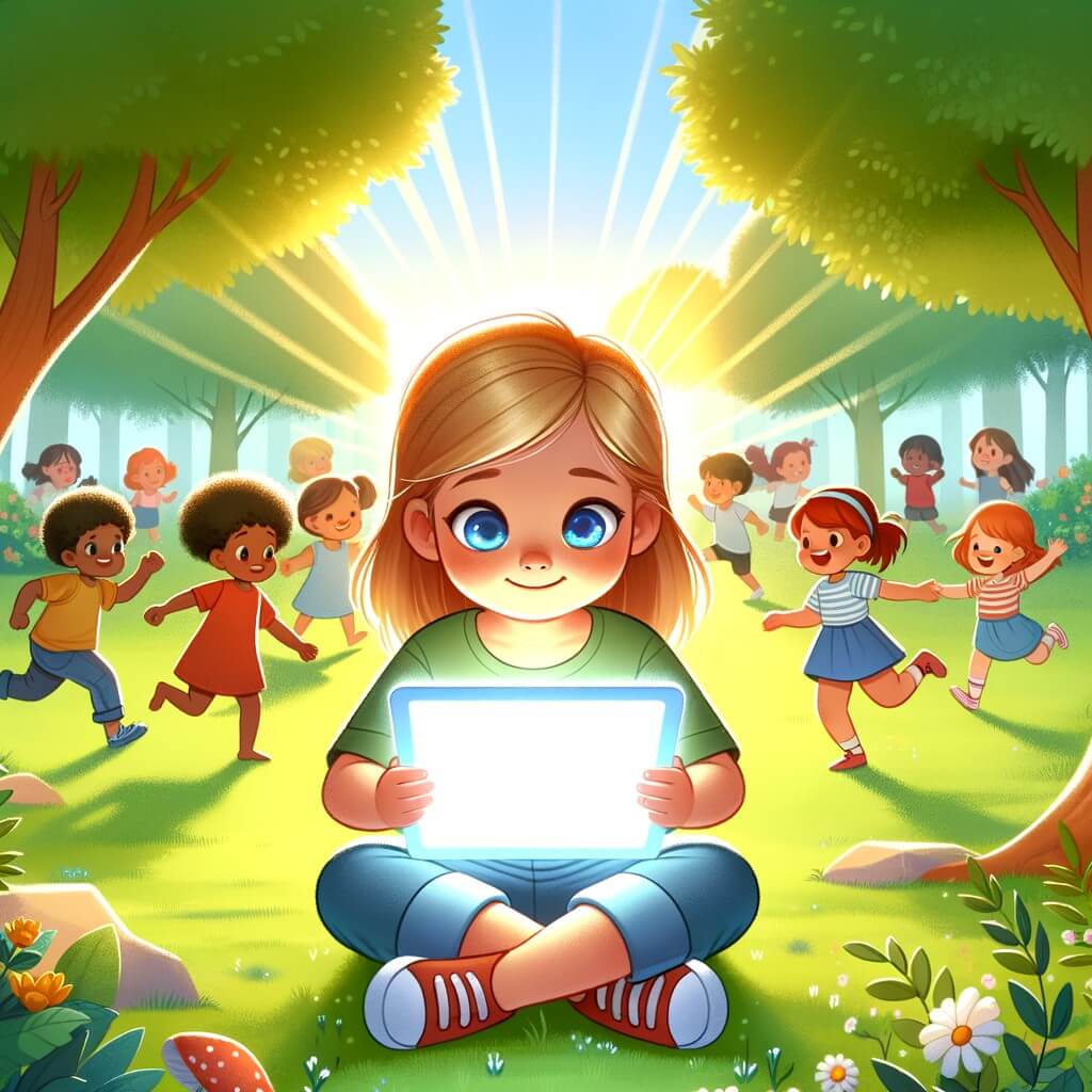 Une illustration destinée aux enfants représentant une petite fille curieuse, plongée dans un monde virtuel, avec pour seul compagnon un écran lumineux, se déroulant dans un parc ensoleillé, où d'autres enfants s'amusent joyeusement dans la nature verdoyante.