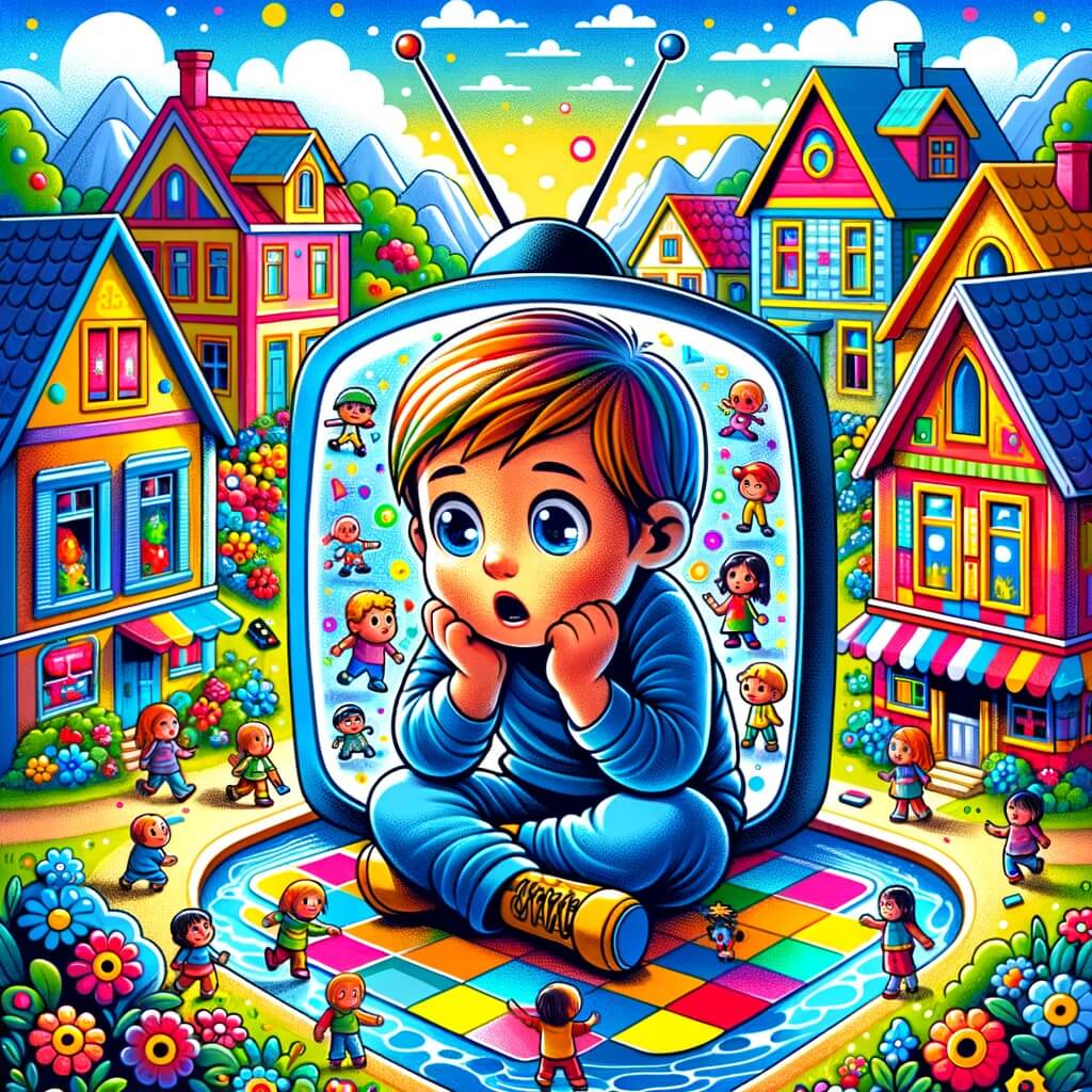 Une illustration destinée aux enfants représentant un petit garçon curieux, captivé par les écrans, entouré de personnages virtuels, dans une maison colorée au toit en forme de télévision, située dans une ville remplie de maisons aux couleurs vives et aux jardins fleuris.
