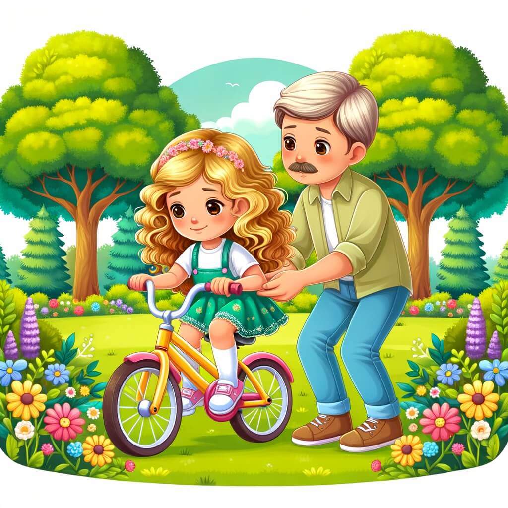 Une illustration destinée aux enfants représentant une petite fille aux boucles d'or, apprenant à faire du vélo avec l'aide bienveillante de ses parents, dans un parc verdoyant parsemé de fleurs colorées et d'arbres majestueux.