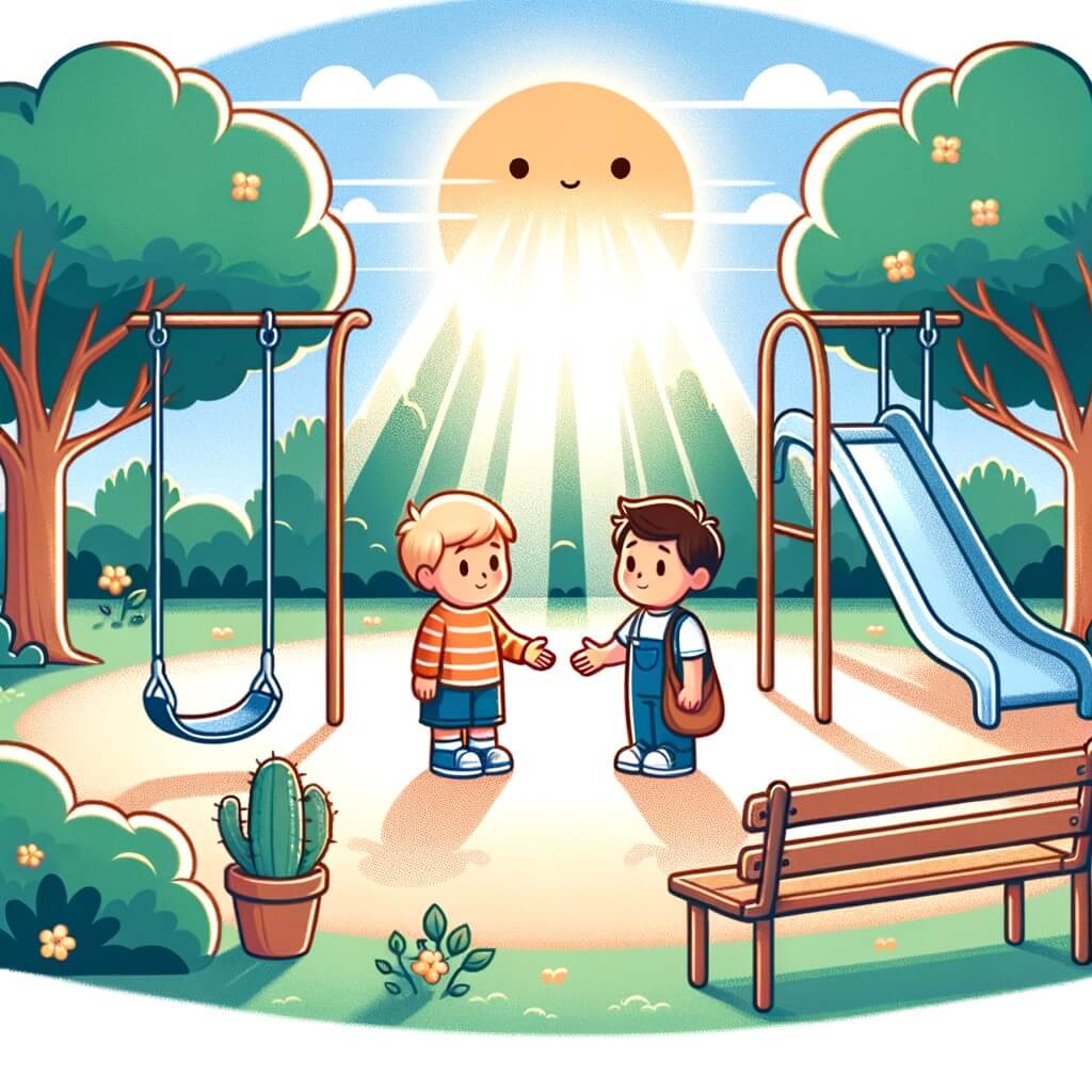 Une illustration destinée aux enfants représentant un petit garçon solitaire qui rencontre une nouvelle amie dans un parc ensoleillé, entouré de balançoires, d'un toboggan et d'un banc.