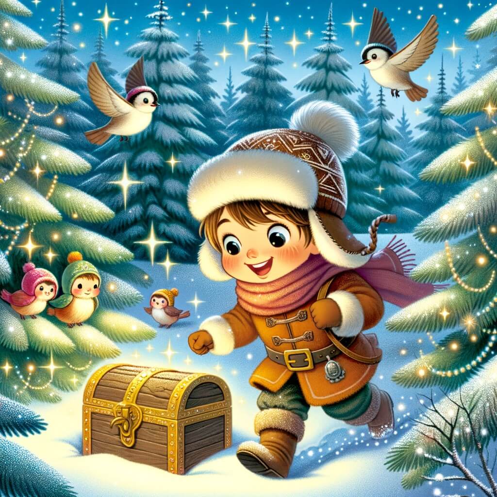 Une illustration destinée aux enfants représentant un petit garçon curieux et aventureux qui découvre un trésor caché dans une forêt hivernale enchantée, accompagné de ses amis, au milieu de sapins recouverts de neige étincelante et d'oiseaux chantant joyeusement.