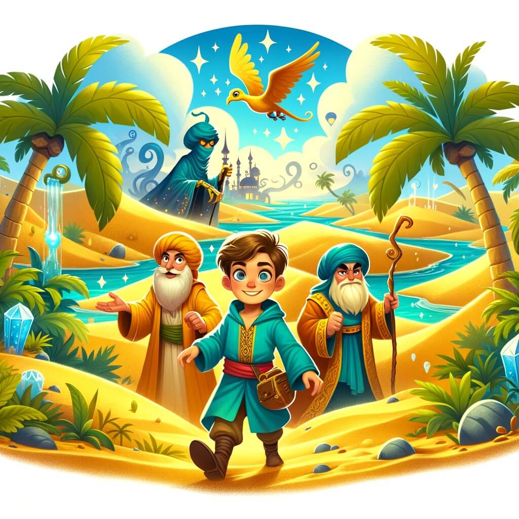 Une illustration destinée aux enfants représentant un jeune garçon intrépide, accompagné de ses amis, explorant un désert mystérieux rempli de dunes de sable doré, un oasis magique aux eaux cristallines et des palmiers verdoyants, dans leur quête pour vaincre un sorcier maléfique et découvrir des trésors cachés.