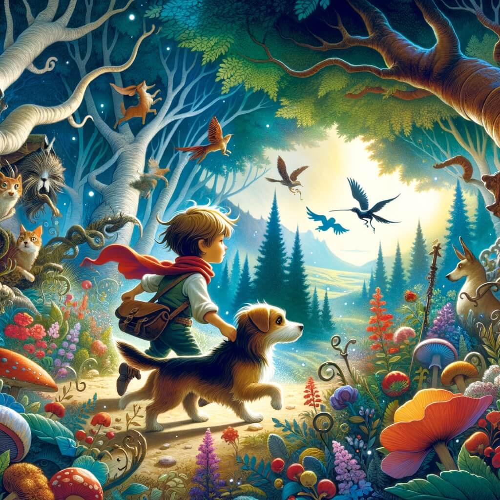 Une illustration destinée aux enfants représentant un petit garçon intrépide, accompagné de son fidèle chien, explorant une forêt enchantée avec des arbres majestueux, des fleurs colorées et des créatures mystérieuses.