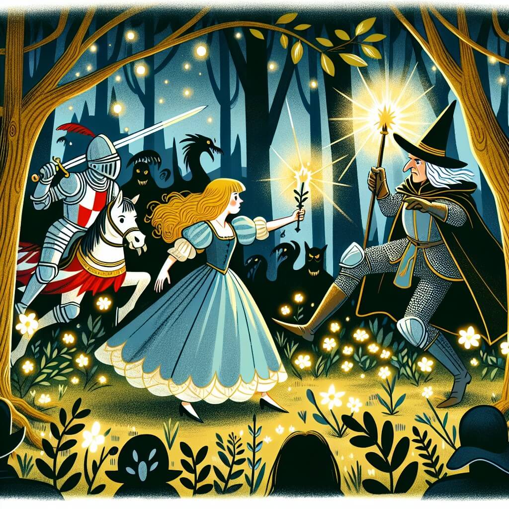 Une illustration destinée aux enfants représentant une jeune femme aux cheveux d'or, plongée dans une bataille épique aux côtés des chevaliers de la Table Ronde, contre une sorcière maléfique, dans une forêt enchantée où des fleurs lumineuses éclairent le chemin.