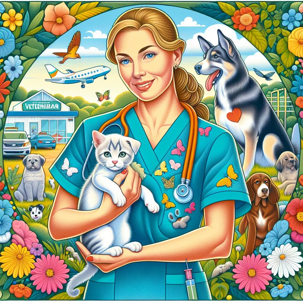 Une illustration destinée aux enfants représentant une femme vétérinaire passionnée, avec une blouse bleue ornée d'animaux, tenant doucement un petit chaton dans ses bras, tandis que derrière elle, un chien joyeux et une jolie clinique vétérinaire colorée émergent, entourés par une nature verdoyante et des fleurs multicolores.