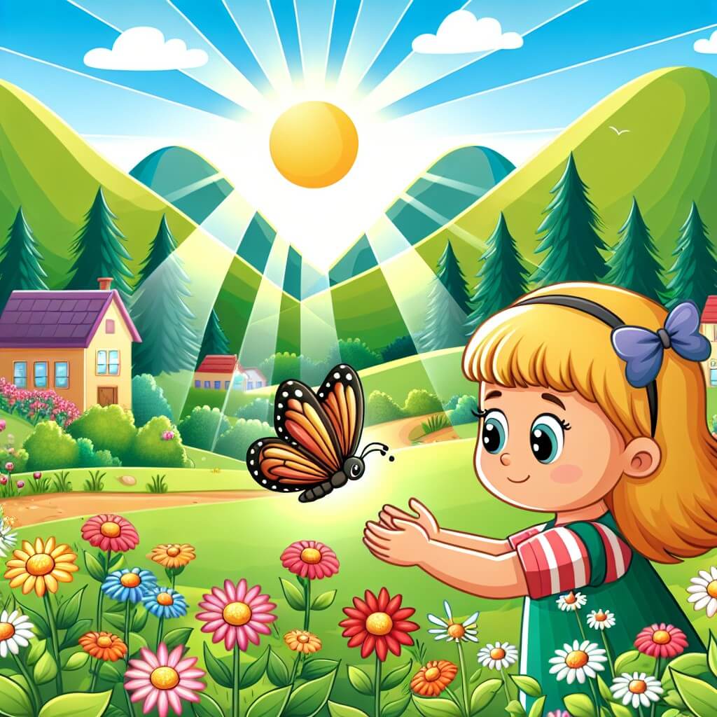 Une illustration destinée aux enfants représentant une petite fille curieuse et pleine de compassion, découvrant un papillon épuisé au milieu d'un jardin fleuri, tandis que le soleil brille et que les montagnes verdoyantes entourent le petit village de Greenview.