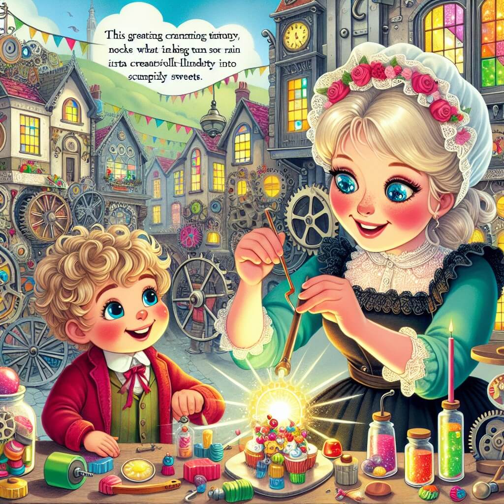 Une illustration destinée aux enfants représentant une femme aux yeux pétillants, entourée d'outils et de matériaux colorés, inventant une machine magique qui transforme la pluie en délicieuses sucreries, avec l'aide d'un jeune garçon aux joues rosées, dans un atelier rempli de rouages, de lumières étincelantes et de bricolages imaginatifs, situé dans la charmante petite ville ensoleillée de Sunnyville.