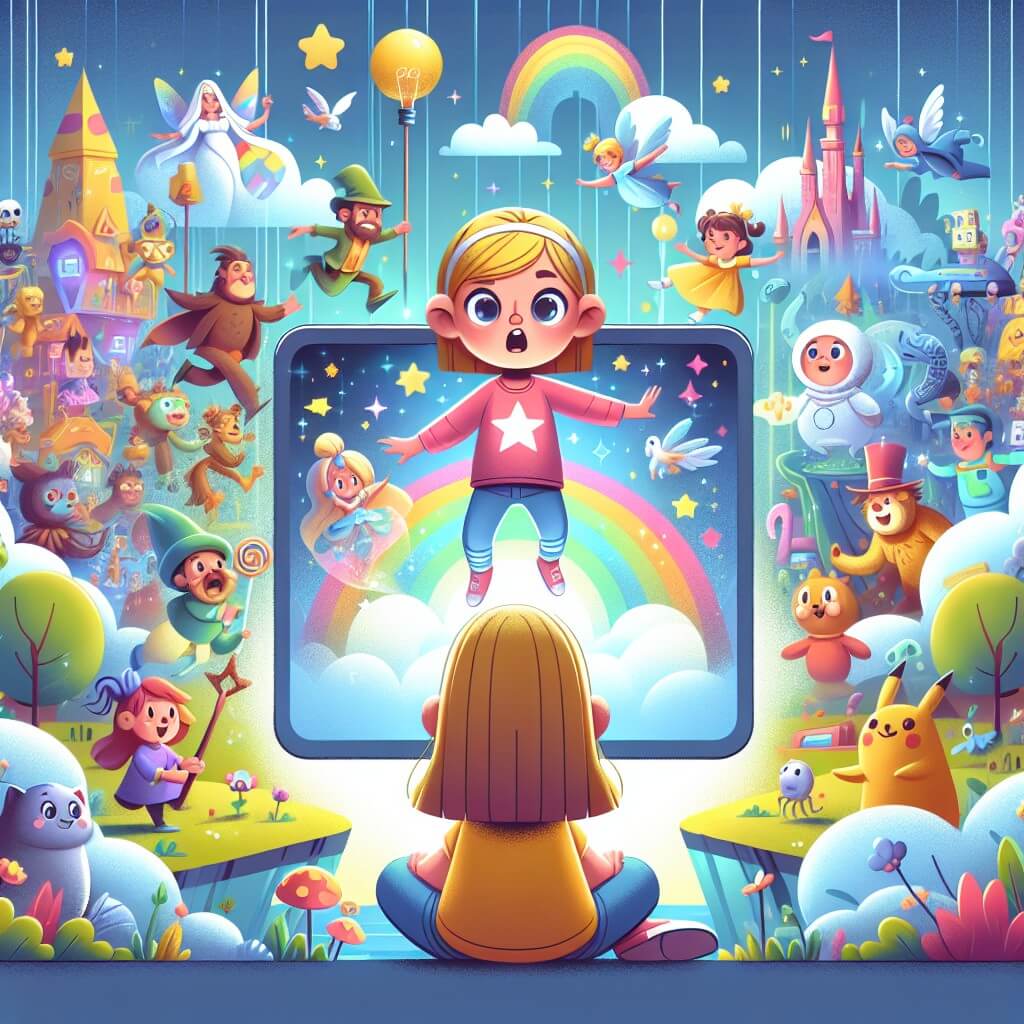Une illustration destinée aux enfants représentant une petite fille, captivée par un écran magique, entourée de personnages animés, dans un monde virtuel rempli de couleurs vives et de paysages fantastiques.