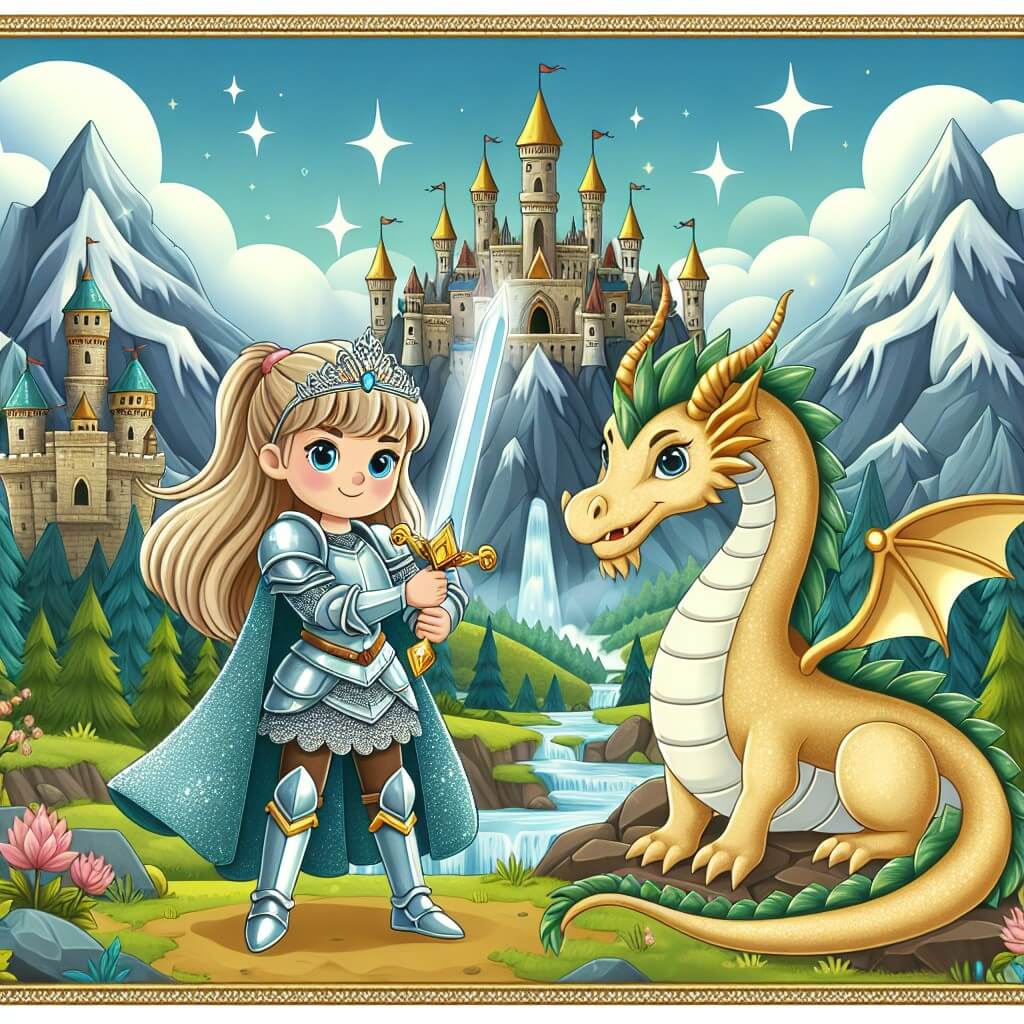 Une illustration destinée aux enfants représentant une jeune héroïne courageuse, vêtue d'une armure étincelante, tenant une épée enchantée à la main, qui fait équipe avec un sage dragon aux écailles d'or, dans un royaume enchanté où des châteaux majestueux se dressent parmi les montagnes escarpées, entourés de forêts luxuriantes et de cascades cristallines.