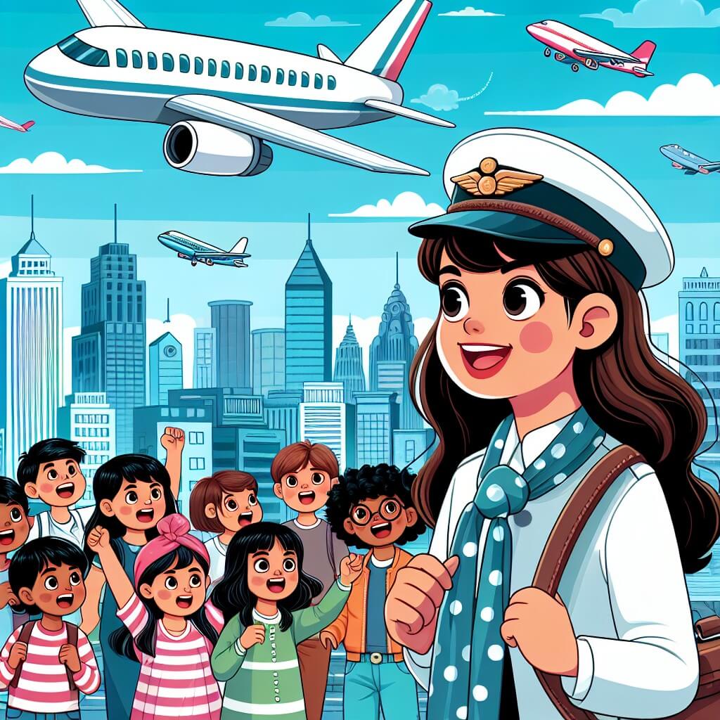 Une illustration destinée aux enfants représentant une jeune femme pilote d'avion, passionnée par le vol, accompagnée d'un groupe d'enfants enthousiastes, dans la ville animée d'Airville, entourée d'avions colorés et d'un ciel bleu sans nuages.