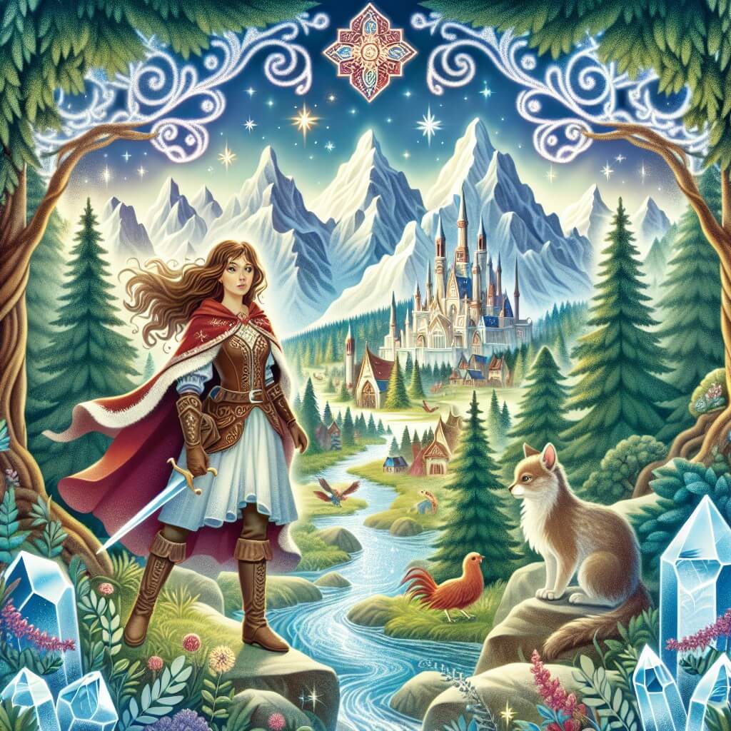 Une illustration destinée aux enfants représentant une femme intrépide et aventurière, se tenant devant un cristal étincelant, sur le point de se lancer dans une quête épique pour restaurer l'équilibre et l'harmonie dans un royaume enchanté, peuplé de créatures magiques, où les montagnes majestueuses s'étirent jusqu'au ciel, les arbres dansent avec la brise et les rivières scintillent comme des rubis, dans un monde enchanté appelé Mythica.