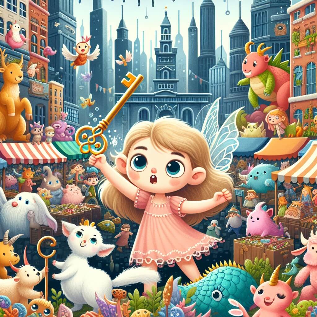 Une illustration destinée aux enfants représentant une petite fille curieuse et aventureuse, tenant une clé magique, découvrant un marché animé rempli de créatures fantastiques dans une forêt enchantée au cœur d'une ville animée remplie de gratte-ciel imposants et de rues animées.