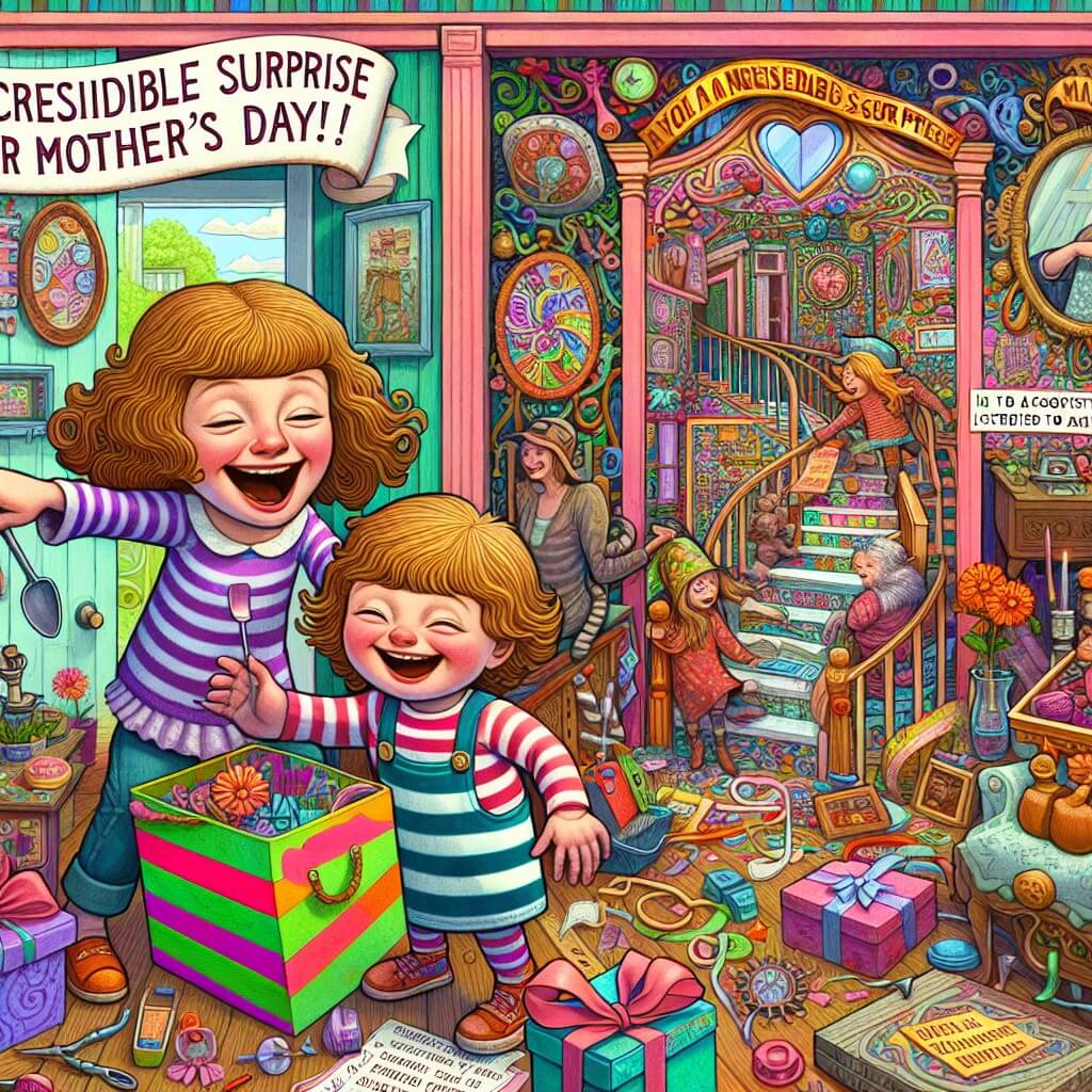 Une illustration destinée aux enfants représentant une petite fille espiègle et pleine de vie, préparant une surprise incroyable pour la fête des mères, avec l'aide complice de sa maman, dans une maison transformée en un labyrinthe coloré rempli de miroirs amusants, de pièges secrets et de surprises cachées à chaque coin.