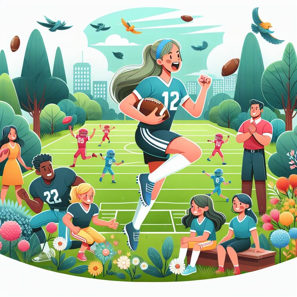 Une illustration destinée aux enfants représentant une joueuse de football passionnée, se déroulant dans un parc verdoyant avec des arbres majestueux, des fleurs colorées et un terrain de football animé, accompagnée de ses amis et d'un entraîneur inspirant.