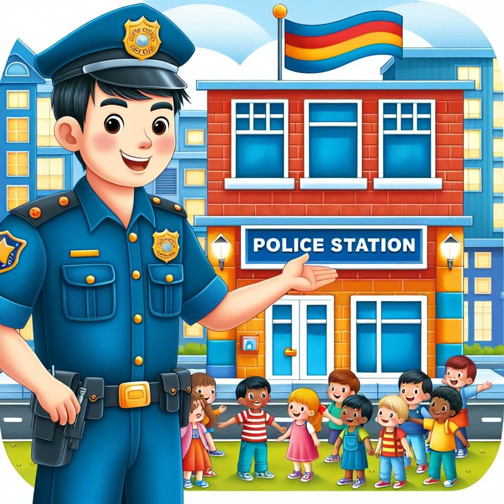 Une illustration destinée aux enfants représentant un policier au sourire radieux, entouré d'un groupe d'enfants curieux, explorant la station de police d'Happyville, avec son drapeau flottant fièrement, ses fenêtres colorées et sa porte ouverte invitante, au cœur d'une ville animée.