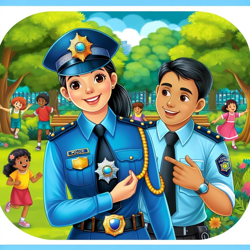 Une illustration destinée aux enfants représentant une femme policière souriante, portant un uniforme bleu brillant et un badge étincelant, résolvant un mystère avec l'aide de son partenaire, dans un parc verdoyant rempli d'arbres majestueux et de joyeux enfants jouant.