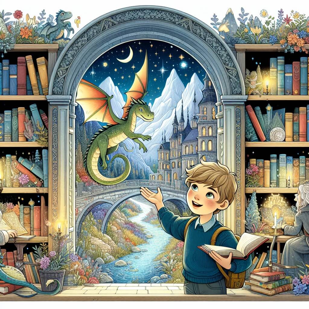 Une illustration destinée aux enfants représentant un petit garçon curieux et imaginatif, découvrant une mystérieuse librairie magique cachée dans une ruelle étroite d'une ville animée, où les livres flottent en l'air et les étagères s'étirent jusqu'au plafond, tandis qu'un dragon humanoïde nommé Cedric l'accueille chaleureusement dans un monde fantastique rempli de montagnes majestueuses, de rivières étincelantes et d'une forêt mystique où les arbres chuchotent des secrets.