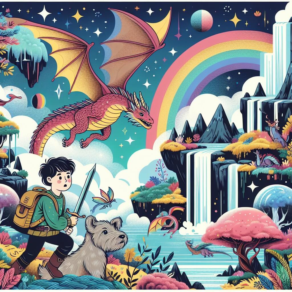 Une illustration destinée aux enfants représentant un jeune garçon curieux, plongé dans une aventure fantastique, accompagné d'un dragon majestueux, explorant un monde éblouissant de cascades arc-en-ciel, d'îles flottantes et de créatures étranges dans une forêt enchantée.