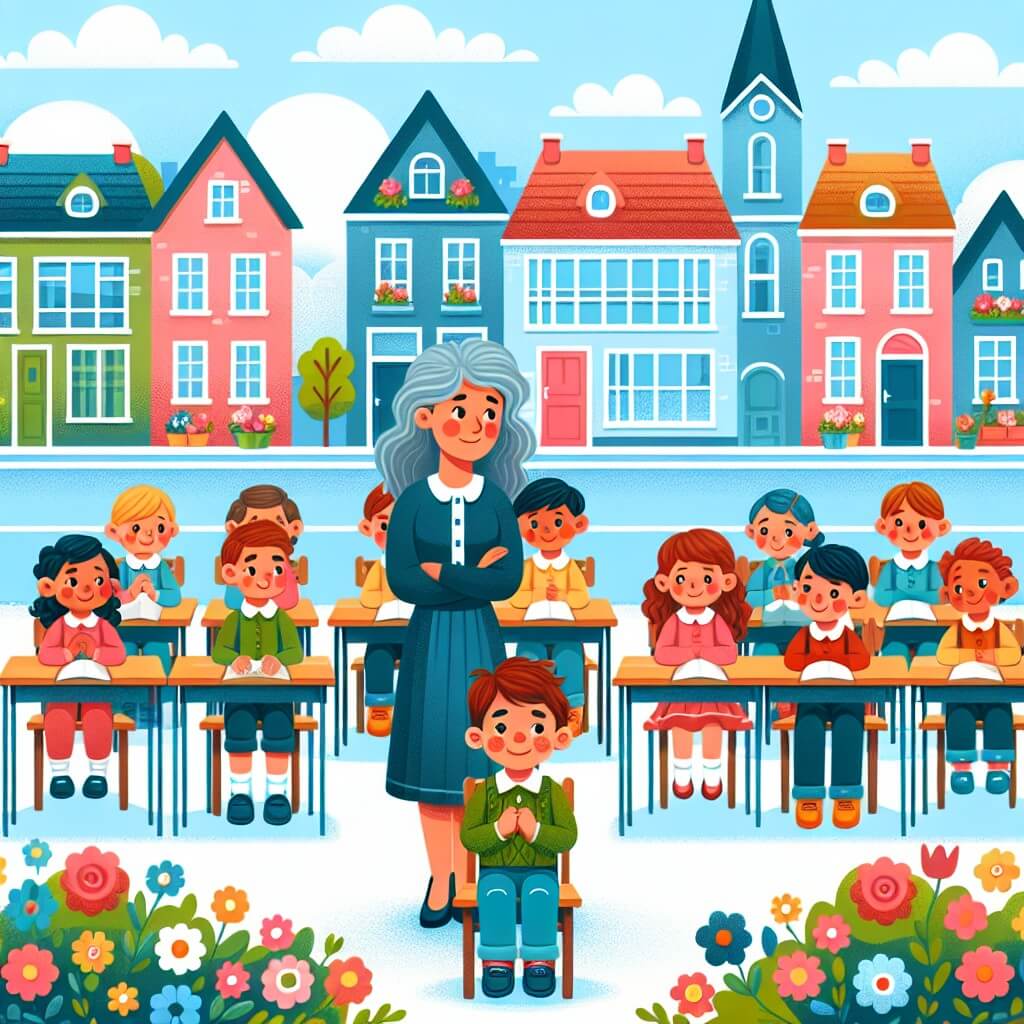 Une illustration destinée aux enfants représentant un petit garçon timide et réservé, se trouvant dans une classe accueillante avec une enseignante bienveillante, entouré de camarades joyeux, dans une ville paisible aux rues bordées de maisons colorées et de fleurs épanouies.