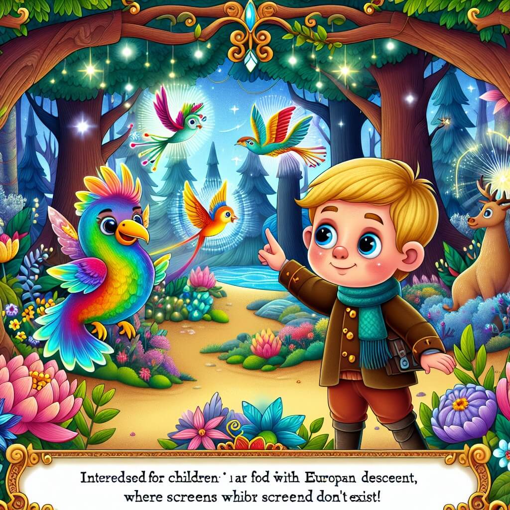 Une illustration destinée aux enfants représentant un petit garçon curieux, en train de découvrir un monde féerique rempli de créatures fantastiques, avec pour compagnon un drôle d'oiseau multicolore, dans une forêt enchantée aux arbres majestueux et aux fleurs lumineuses, où les écrans n'existent pas.