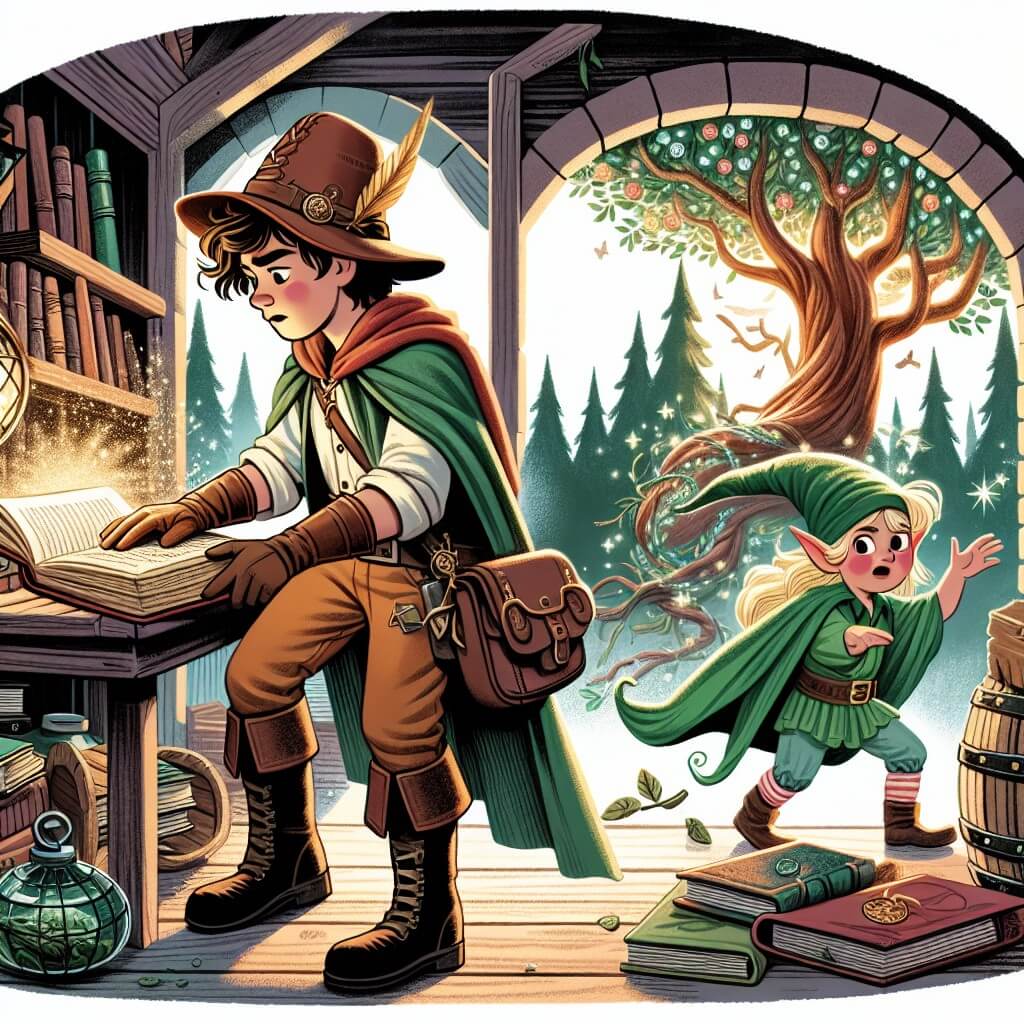 Une illustration destinée aux enfants représentant un jeune aventurier, vêtu d'un chapeau en cuir et d'une cape émeraude, découvrant un livre ancien dans un grenier poussiéreux, aux côtés d'un espiègle lutin aux cheveux verts et d'un majestueux arbre aux feuilles chatoyantes, dans une petite ville nommée Willowdale, entourée d'une forêt enchantée où les fleurs dansent et les arbres murmurent des secrets.