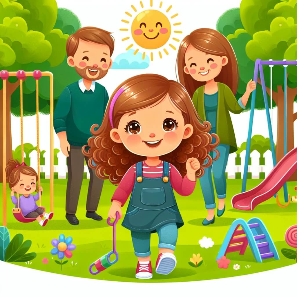 Une illustration destinée aux enfants représentant une petite fille aux boucles brunes, accompagnée de ses parents, profitant d'une journée ensoleillée dans un parc verdoyant, rempli de balançoires, de toboggans colorés et d'amis joueurs.
