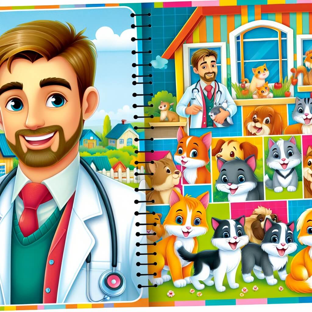 Une illustration destinée aux enfants représentant un homme au sourire chaleureux et à la voix douce, entouré d'animaux joyeux, dans sa clinique vétérinaire colorée située au cœur de la petite ville de Greenfields, où il prend soin de chaque créature qui franchit ses portes, avec l'aide précieuse de son fidèle compagnon félin, Whiskers.