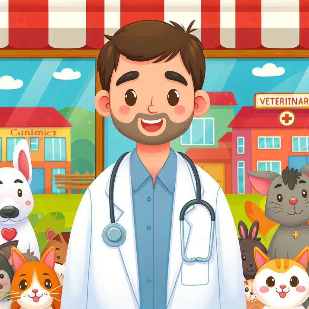 Une illustration destinée aux enfants représentant un homme bienveillant en blouse blanche, entouré d'animaux souriants, dans une clinique vétérinaire colorée et animée d'une petite ville.