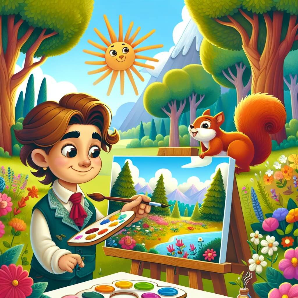 Une illustration destinée aux enfants représentant un artiste talentueux, créant un monde magique sur sa toile, accompagné d'un petit écureuil malicieux, dans un parc ensoleillé rempli de fleurs colorées et d'arbres majestueux.