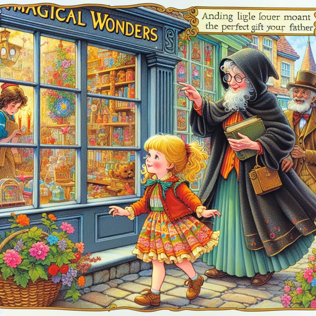 Une illustration destinée aux enfants représentant une petite fille pleine de vie, à la recherche du cadeau parfait pour son papa, accompagnée d'une mystérieuse vieille dame, dans une charmante boutique appelée "Magical Wonders", située au cœur d'une ville bucolique nommée Willowbrook, avec ses rues vibrantes et colorées.