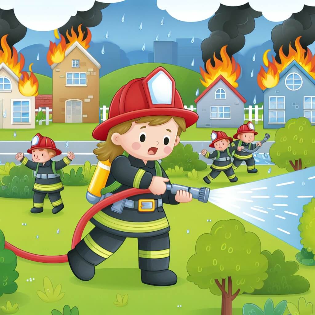 Une illustration destinée aux enfants représentant une femme pompier courageuse et déterminée, combattant un incendie dans une paisible ville verdoyante, entourée d'amis pompiers et de bâtiments en feu.