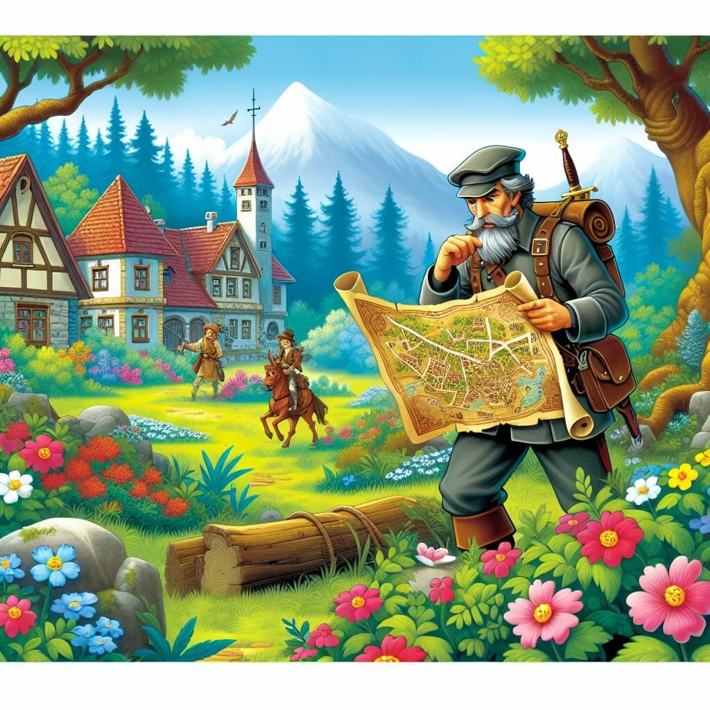 Une illustration destinée aux enfants représentant un courageux soldat, marqué par la guerre, qui découvre une carte au trésor dans un village paisible, entouré d'arbres majestueux et de fleurs colorées, avant de se lancer dans une aventure périlleuse à travers une forêt enchantée peuplée de créatures magiques.