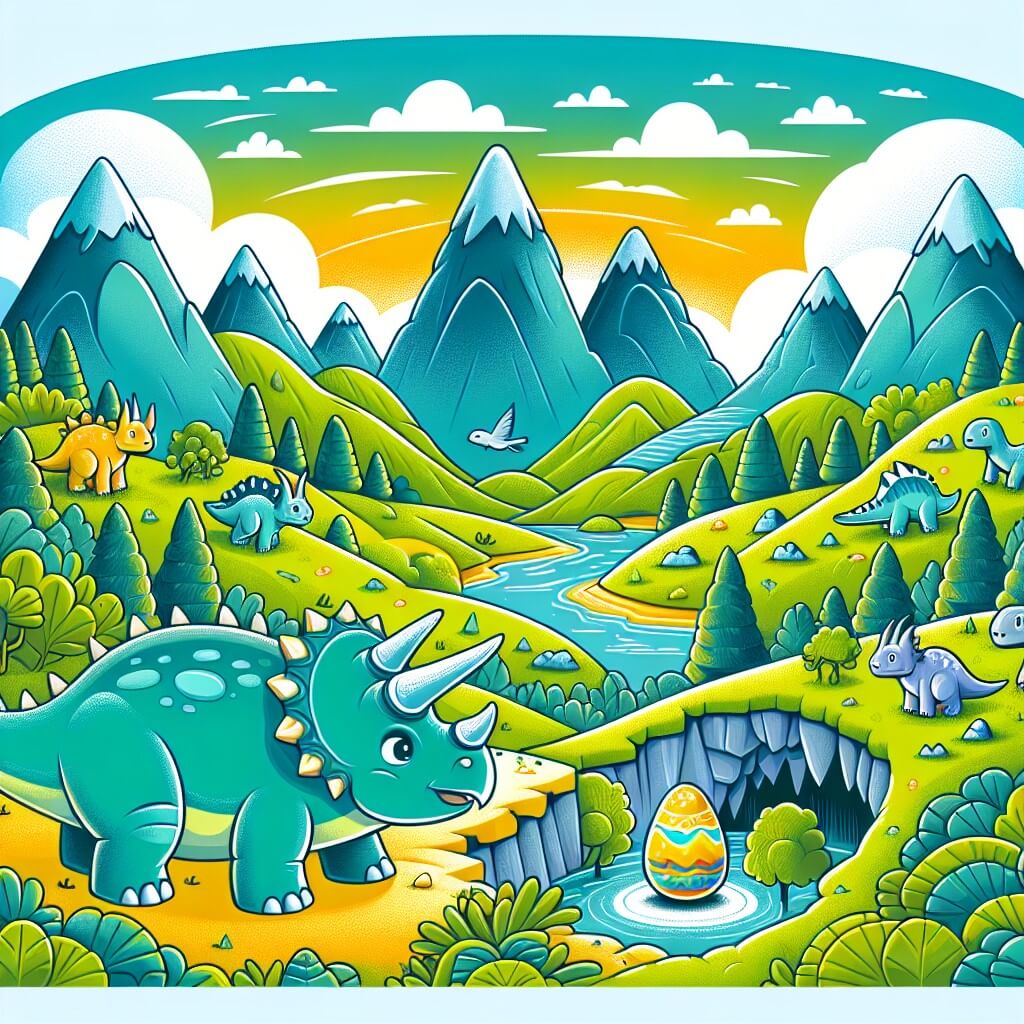 Une illustration destinée aux enfants représentant un majestueux tricératops, au corps bleu éclatant et aux trois cornes acérées, explorant un vaste paysage verdoyant parsemé de montagnes imposantes, tandis qu'il rencontre de petits dinosaures adorables et découvre un mystérieux œuf doré dans une grotte secrète.