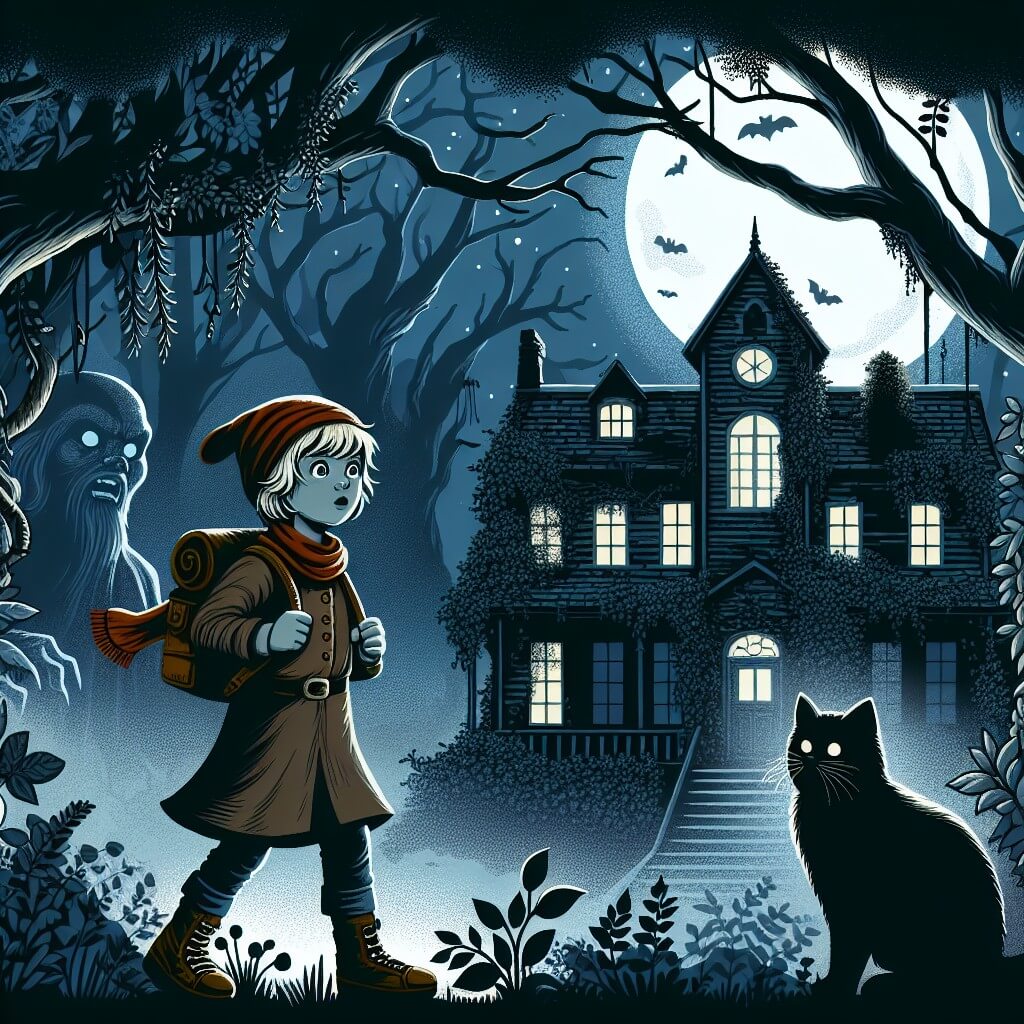 Une illustration destinée aux enfants représentant une petite fille courageuse, perdue dans une sombre forêt hantée, accompagnée d'un chat noir mystérieux, tandis que la lune éclaire un vieux manoir en ruines, avec des fenêtres brisées et des lianes grimpantes.