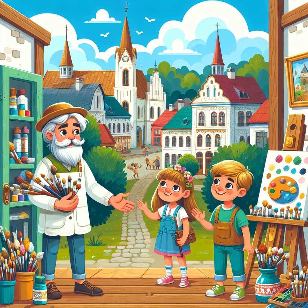 Une illustration destinée aux enfants représentant un artiste bienveillant, vivant dans une petite ville colorée, où il accueille deux enfants curieux dans son atelier d'art rempli de pinceaux, de toiles et de peintures éclatantes.