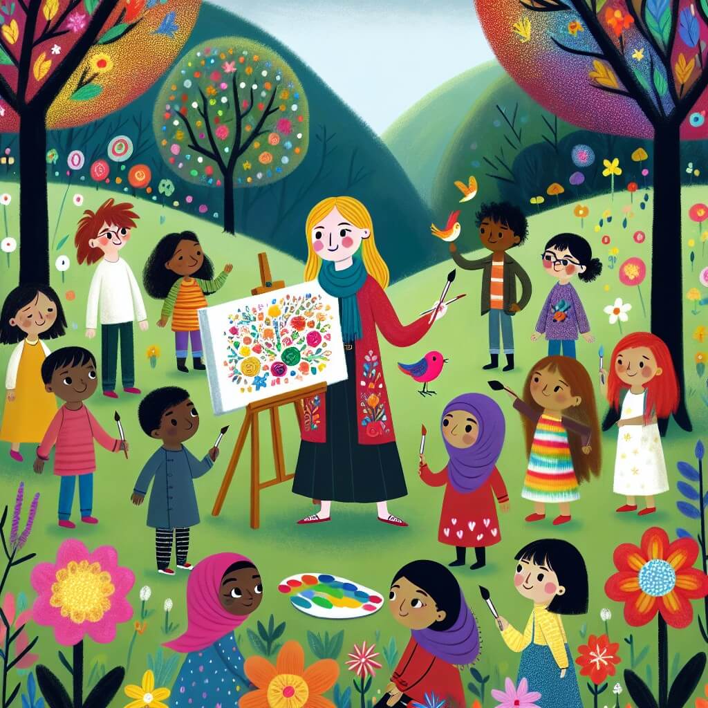 Une illustration destinée aux enfants représentant une artiste talentueuse, entourée d'enfants curieux et d'un petit oiseau coloré, dans un parc enchanté rempli de fleurs multicolores et d'arbres aux feuilles chatoyantes.