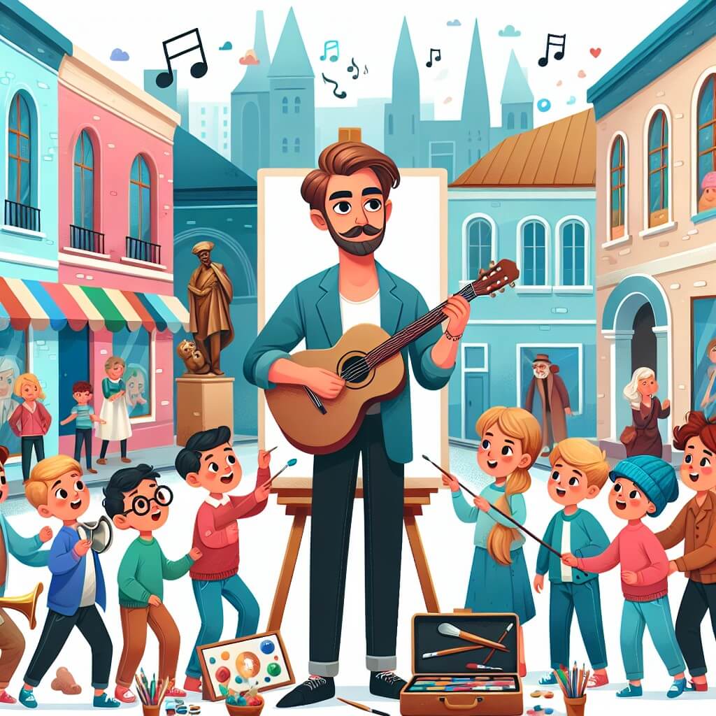 Une illustration destinée aux enfants représentant un homme artiste talentueux, entouré d'enfants curieux et émerveillés, dans une ville colorée où les rues sont bordées de galeries d'art, de sculptures et de musiciens talentueux.