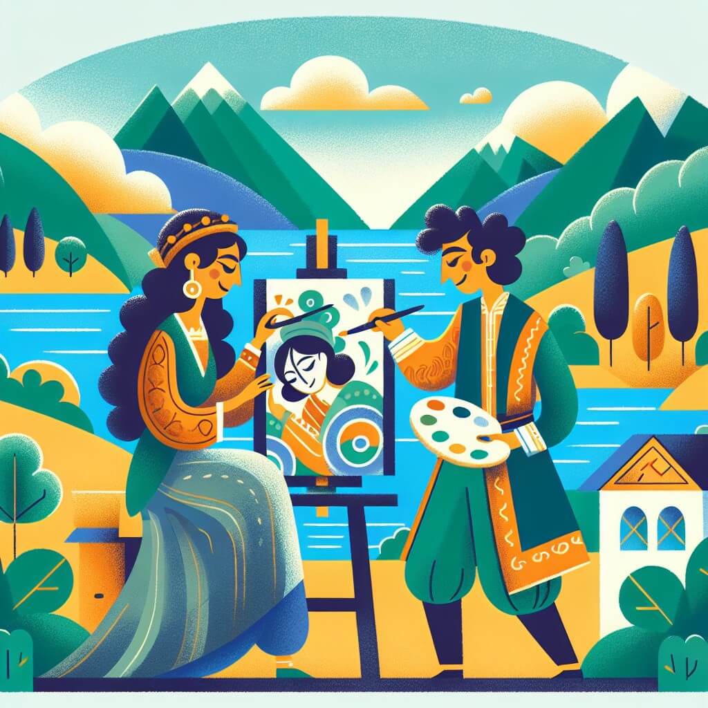 Une illustration destinée aux enfants représentant une artiste talentueuse et passionnée, captivée par la création de son chef-d'œuvre, accompagnée d'un jeune garçon curieux, dans un village pittoresque entouré de collines verdoyantes et de lacs scintillants.